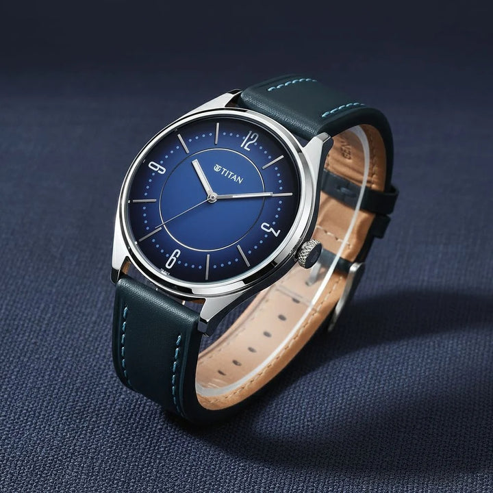 Titan Neo Basics 41mm Blue Dial Date Blue Leather Strap Men&