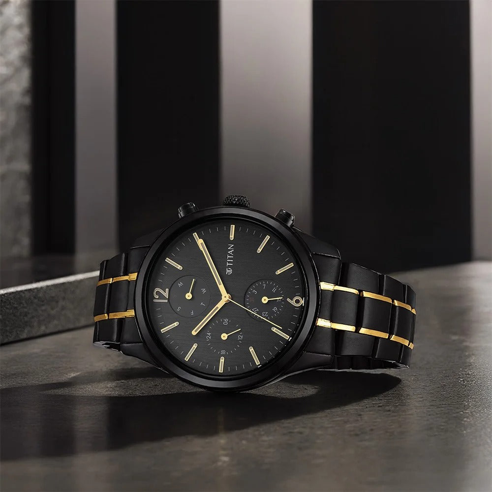 Titan Classique 42mm Anthracite Dial Day Date Black and Gold Stainless Steel Bracelet Men&