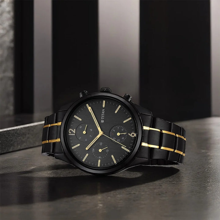 Titan Classique 42mm Anthracite Dial Day Date Black and Gold Stainless Steel Bracelet Men&