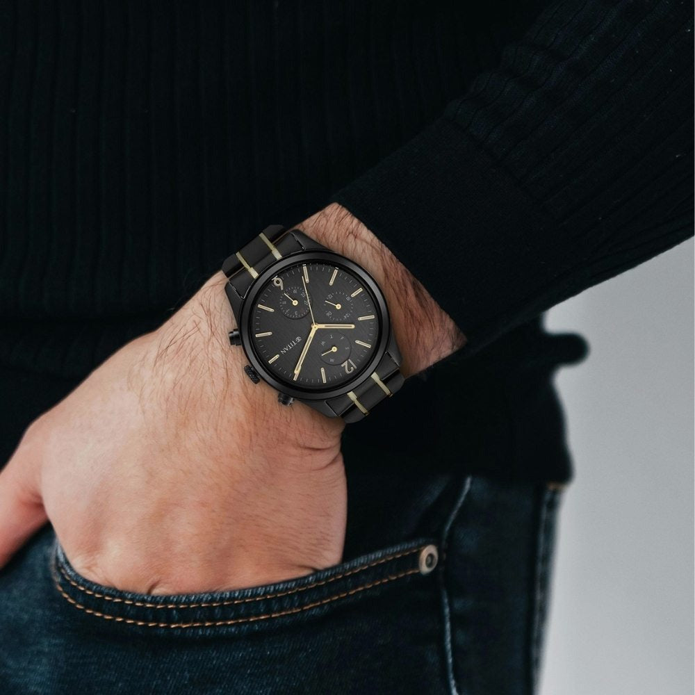 Titan Classique 42mm Anthracite Dial Day Date Black and Gold Stainless Steel Bracelet Men&