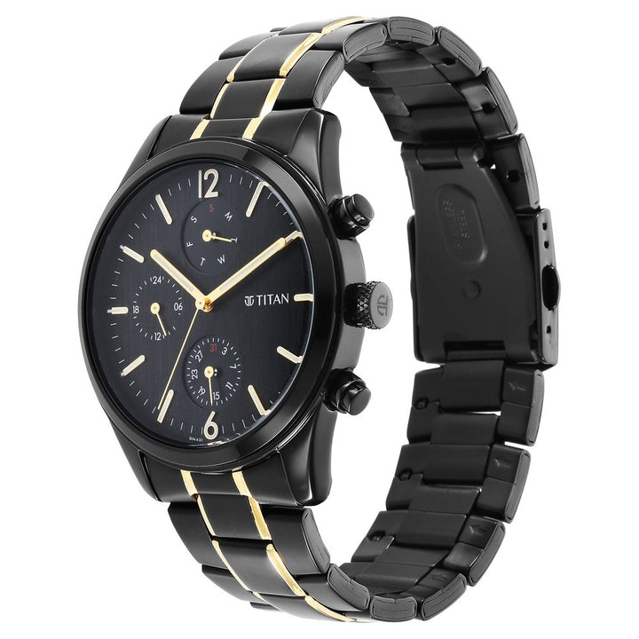 Titan Classique 42mm Anthracite Dial Day Date Black and Gold Stainless Steel Bracelet Men&