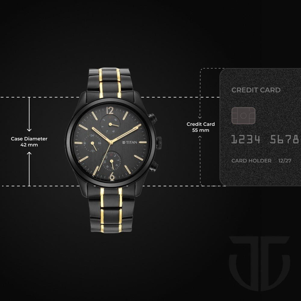 Titan Classique 42mm Anthracite Dial Day Date Black and Gold Stainless Steel Bracelet Men&