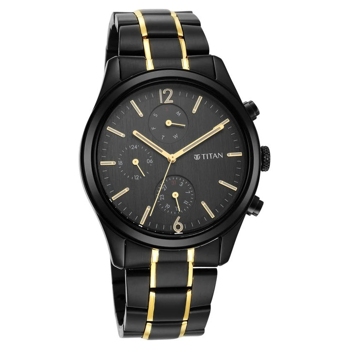 Titan Classique 42mm Anthracite Dial Day Date Black and Gold Stainless Steel Bracelet Men&