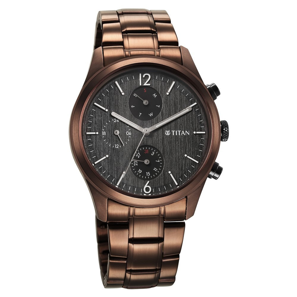 Titan Neo Splash 42mm Black Dial Multifunction Brown Stainless Steel Bracelet Men&
