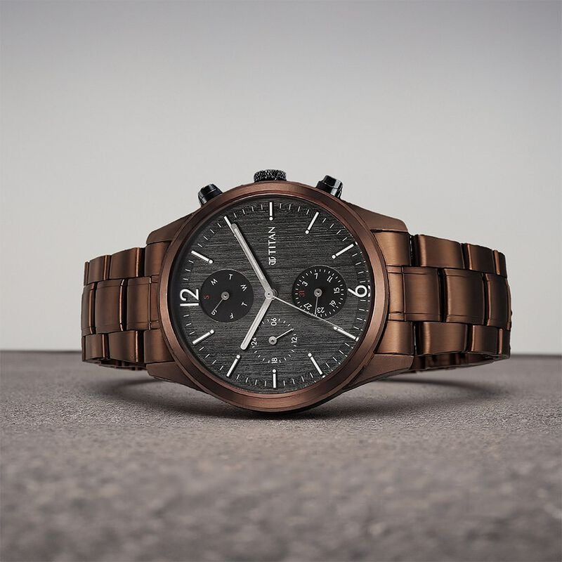 Titan Neo Splash 42mm Black Dial Multifunction Brown Stainless Steel Bracelet Men&