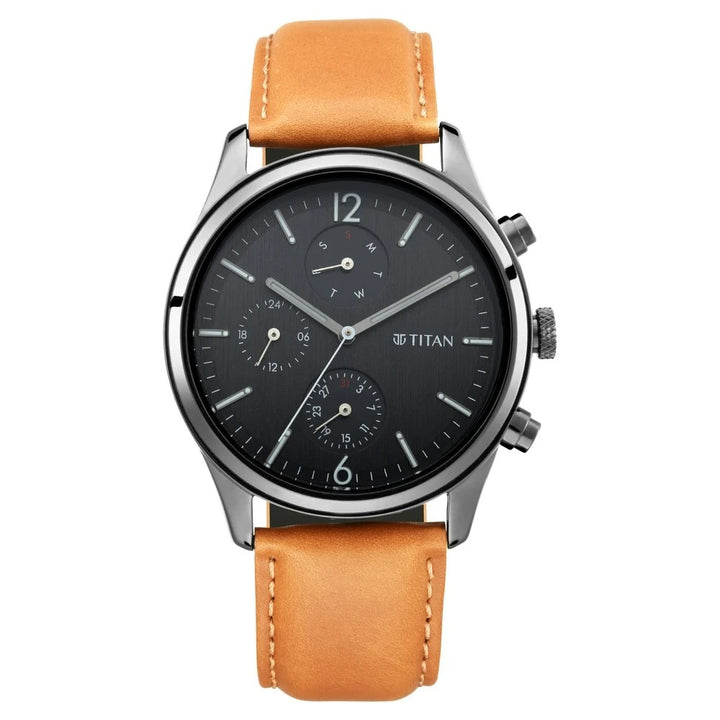 Titan Workwear 42mm Black Dial Multifunction Tan Leather Strap Men&