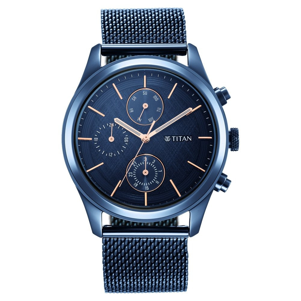 Titan Neo Splash 42mm Blue Dial Multifunction Blue Mesh Stainless Steel Bracelet Men&
