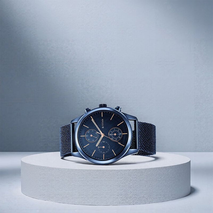 Titan Neo Splash 42mm Blue Dial Multifunction Blue Mesh Stainless Steel Bracelet Men&