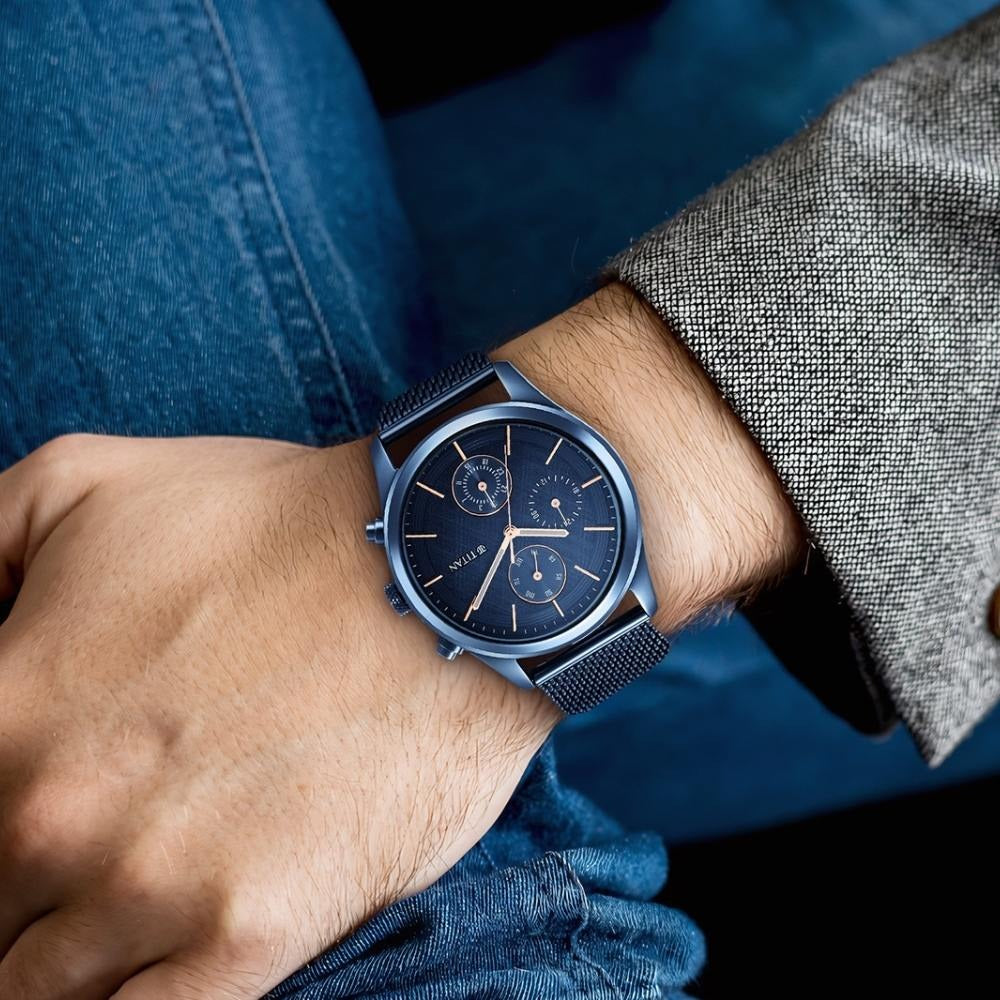 Titan Neo Splash 42mm Blue Dial Multifunction Blue Mesh Stainless Steel Bracelet Men&