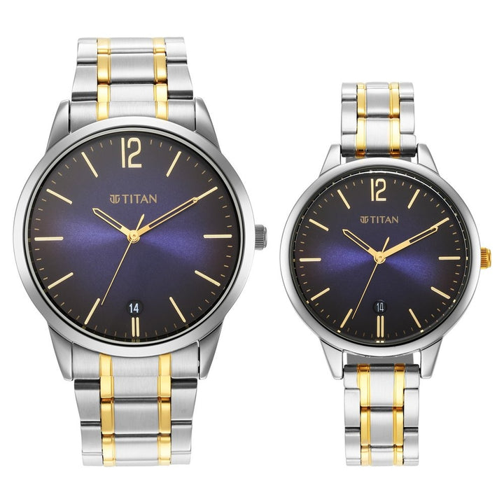 Titan Bandhan Couple Gift Set Blue Dial Date Silver Stainless Steel Bracelet 18062617BM01