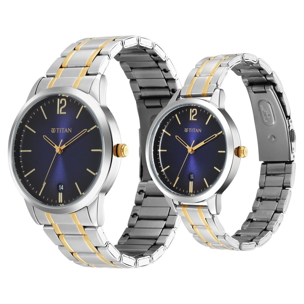 Titan Bandhan Couple Gift Set Blue Dial Date Silver Stainless Steel Bracelet 18062617BM01