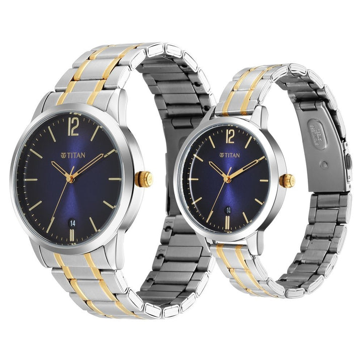 Titan Bandhan Couple Gift Set Blue Dial Date Silver Stainless Steel Bracelet 18062617BM01