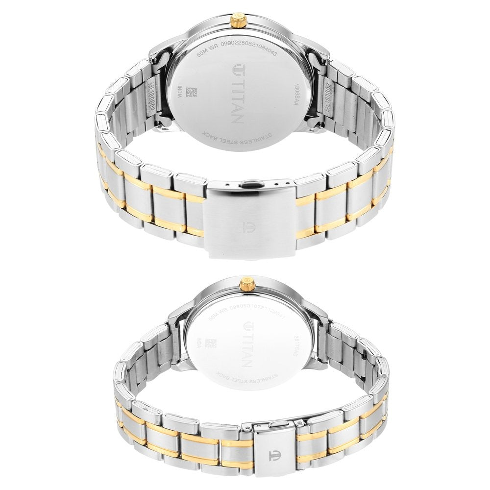 Titan Bandhan Couple Gift Set Blue Dial Date Silver Stainless Steel Bracelet 18062617BM01