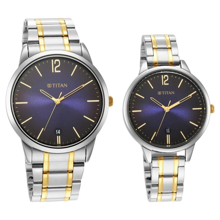 Titan Bandhan Couple Gift Set Blue Dial Date Silver Stainless Steel Bracelet 18062617BM01