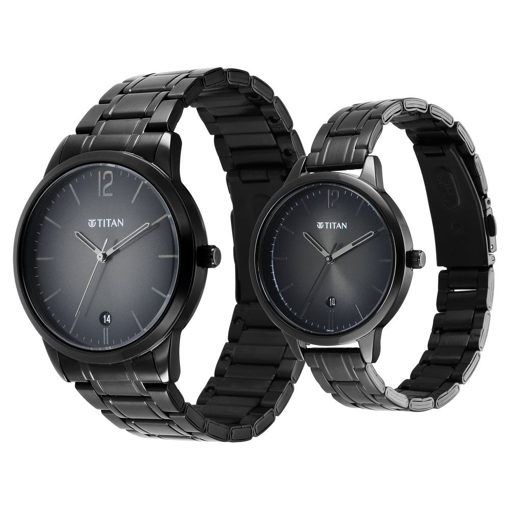 Titan Bandhan Couple Gift Set Anthracite Dial Date Stainless Steel Bracelet 18062617NM01
