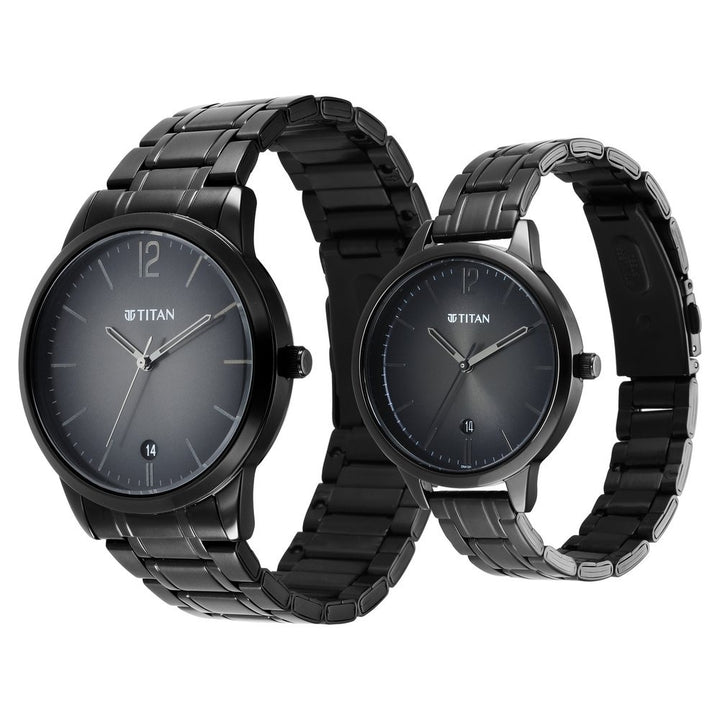 Titan Bandhan Couple Gift Set Anthracite Dial Date Stainless Steel Bracelet 18062617NM01