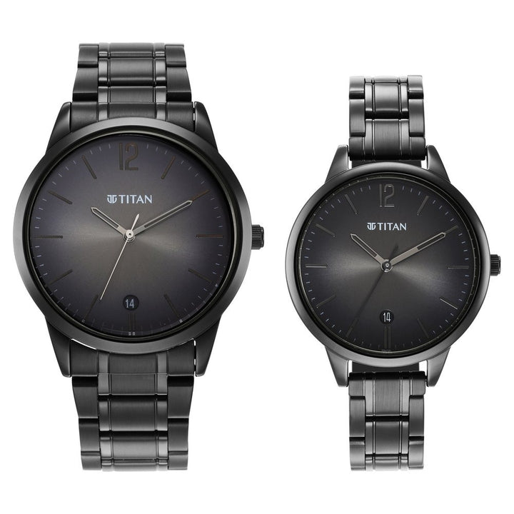 Titan Bandhan Couple Gift Set Anthracite Dial Date Stainless Steel Bracelet 18062617NM01