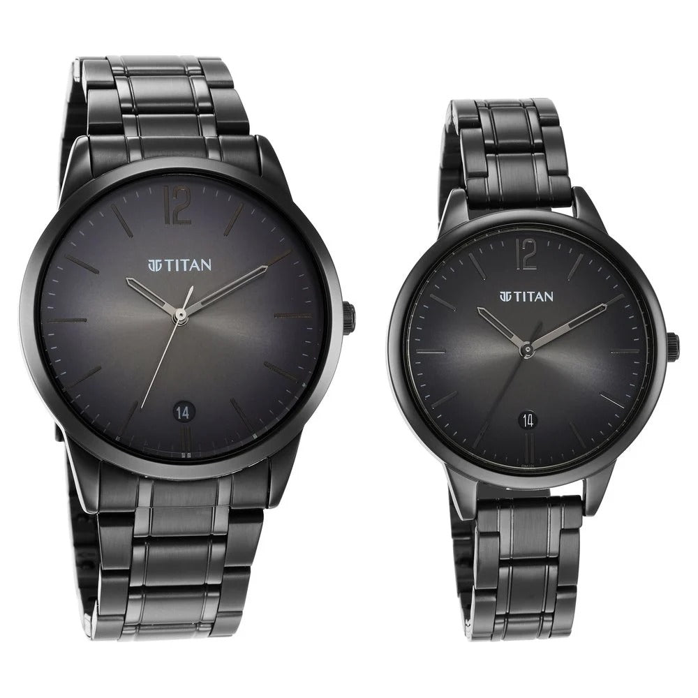Titan Bandhan Couple Gift Set Anthracite Dial Date Stainless Steel Bracelet 18062617NM01