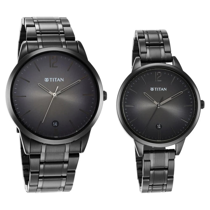 Titan Bandhan Couple Gift Set Anthracite Dial Date Stainless Steel Bracelet 18062617NM01