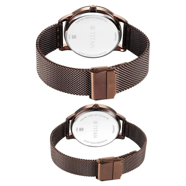 Titan Bandhan Couple Gift Set Brown Dial Day Date Rose Gold Stainless Steel Bracelet 18062648QM01