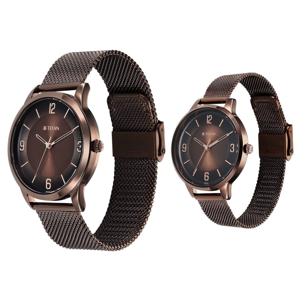 Titan Bandhan Couple Gift Set Brown Dial Day Date Rose Gold Stainless Steel Bracelet 18062648QM01