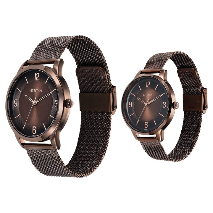 Titan Bandhan Couple Gift Set Brown Dial Day Date Rose Gold Stainless Steel Bracelet 18062648QM01