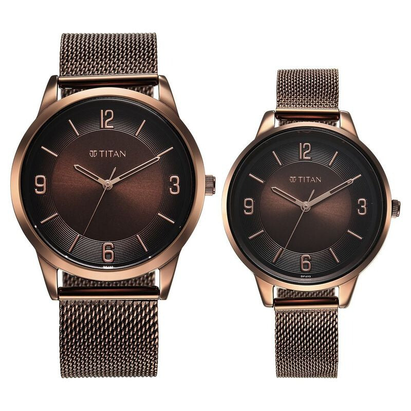 Titan Bandhan Couple Gift Set Brown Dial Day Date Rose Gold Stainless Steel Bracelet 18062648QM01