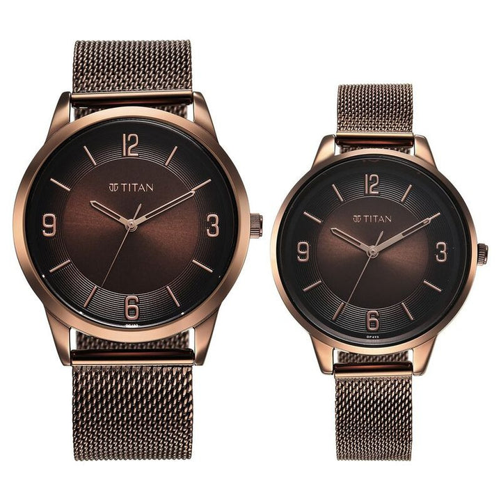 Titan Bandhan Couple Gift Set Brown Dial Day Date Rose Gold Stainless Steel Bracelet 18062648QM01
