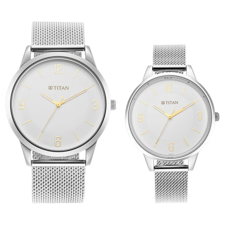 Titan Bandhan Couple Gift Set White Dial Date Stainless Steel Bracelet 18062648SM01