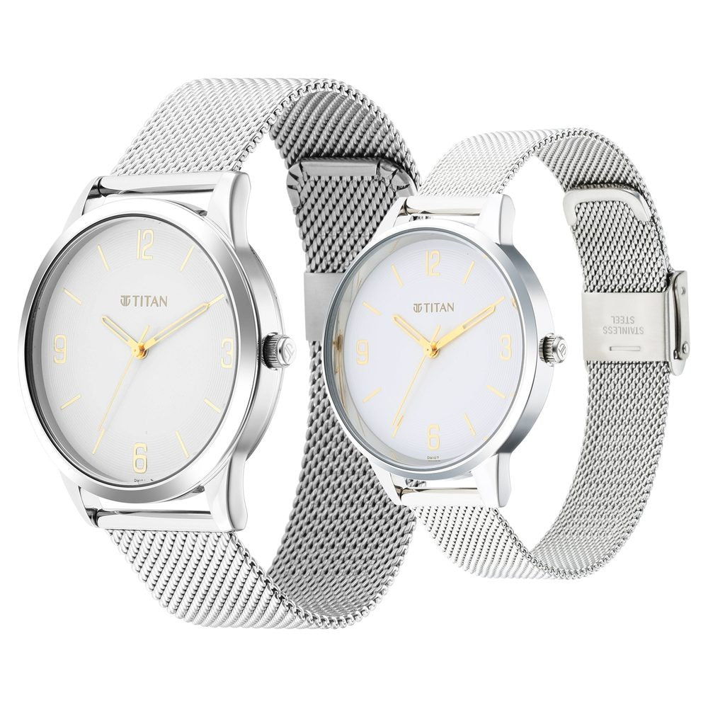 Titan Bandhan Couple Gift Set White Dial Date Stainless Steel Bracelet 18062648SM01