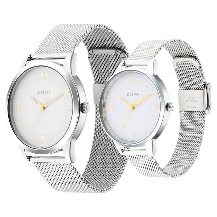 Titan Bandhan Couple Gift Set White Dial Date Stainless Steel Bracelet 18062648SM01