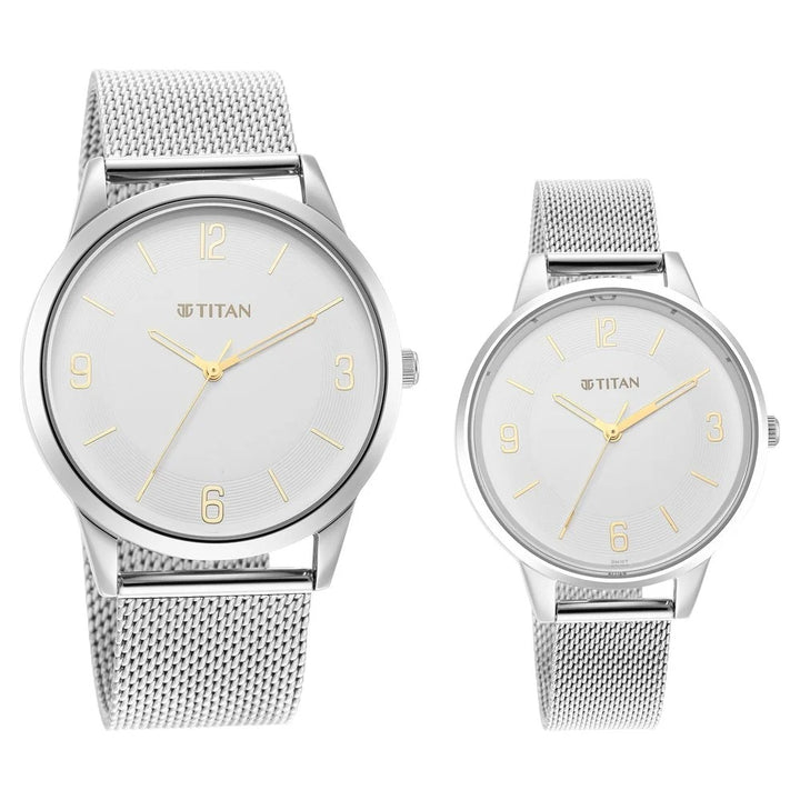 Titan Bandhan Couple Gift Set White Dial Date Stainless Steel Bracelet 18062648SM01