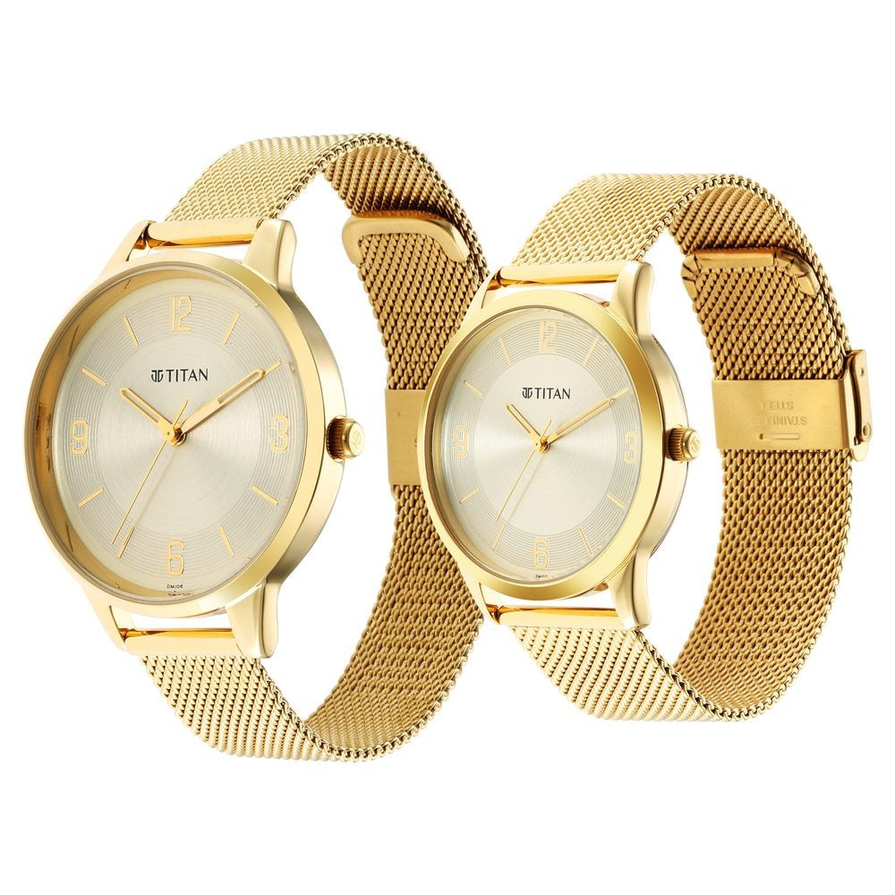 Titan Bandhan Couple Gift Set Champagne Dial Gold Stainless Steel Bracelet 18062648YM01