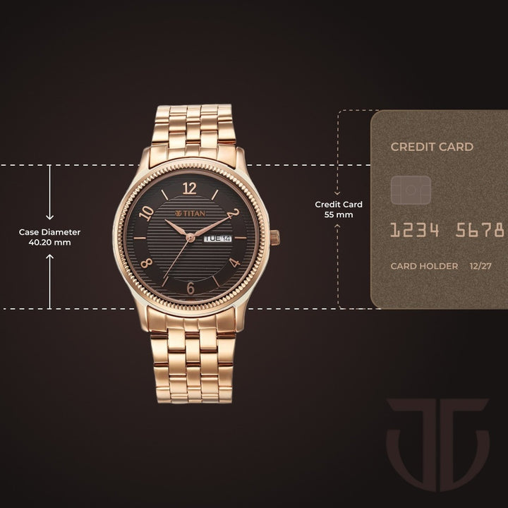 Titan Karishma 40mm Brown Dial Day Date Rose Gold Stainless Steel Bracelet Men&