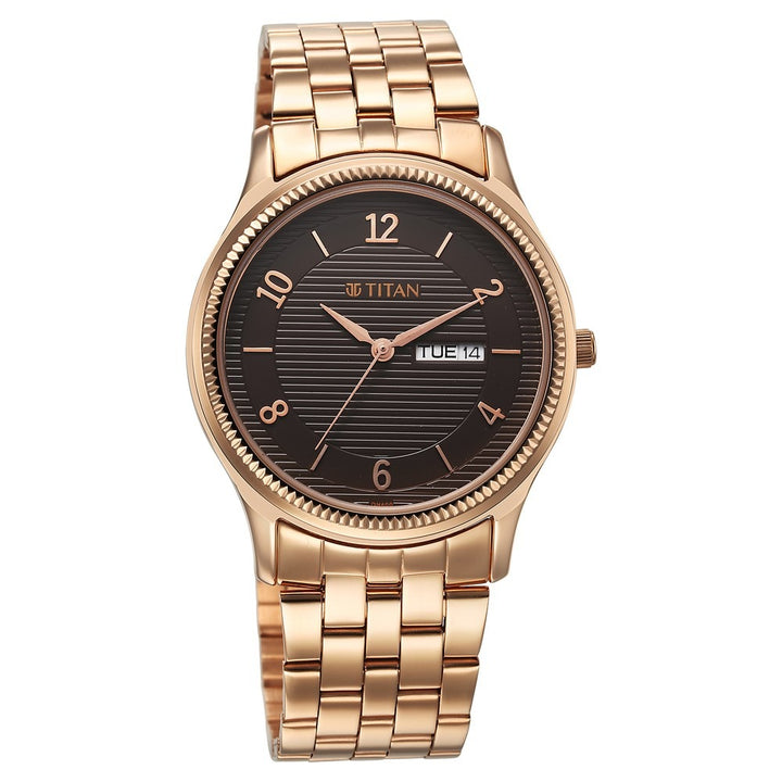 Titan Karishma 40mm Brown Dial Day Date Rose Gold Stainless Steel Bracelet Men&