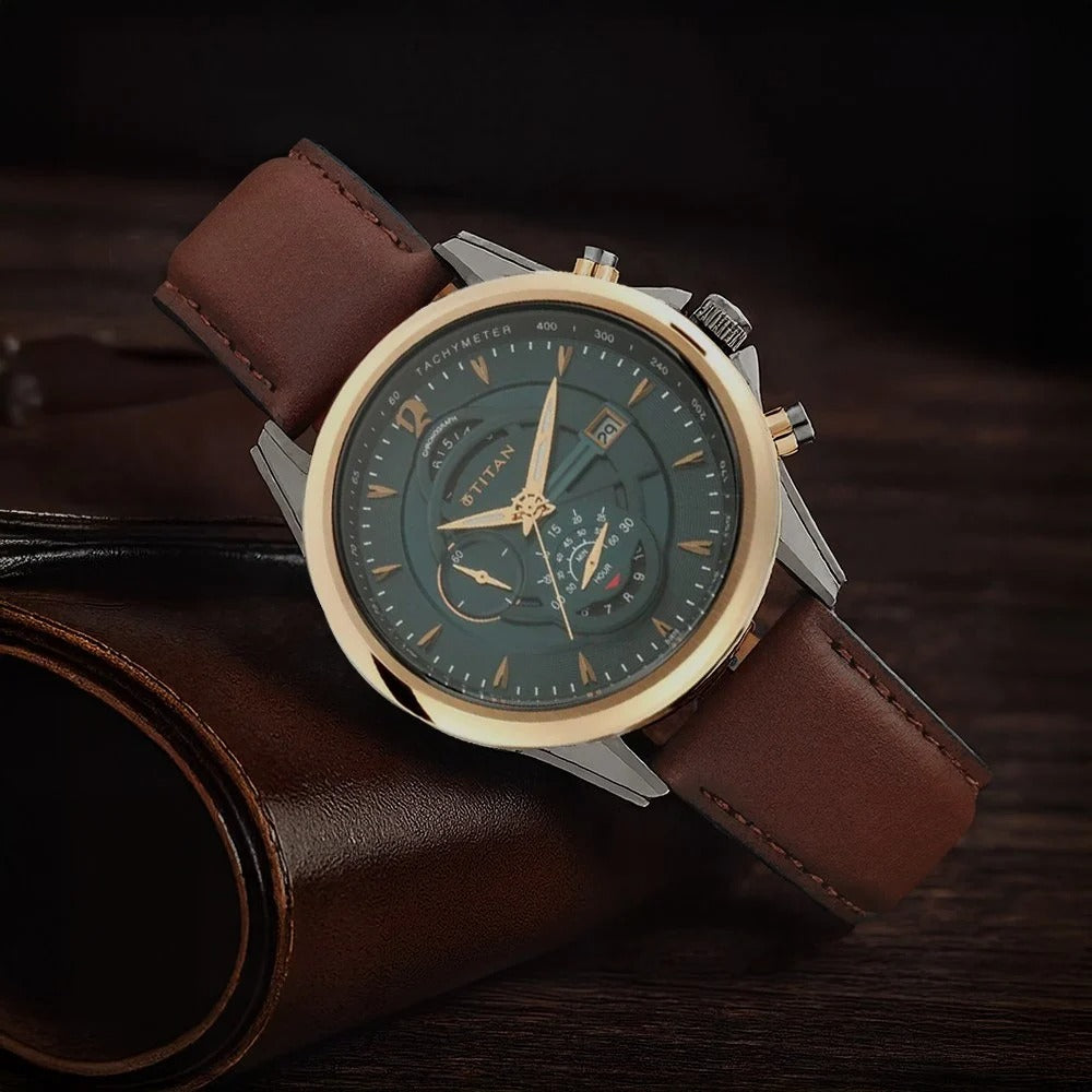 Titan Maritime 45.6mm Sea Green Dial Chronograph Brown Leather Strap Men&