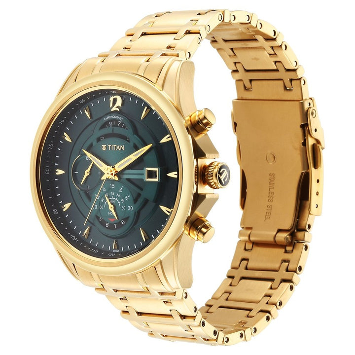 Titan Regalia 45.6mm Forest Green Dial Chronograph Gold Stainless Steel Bracelet Men&