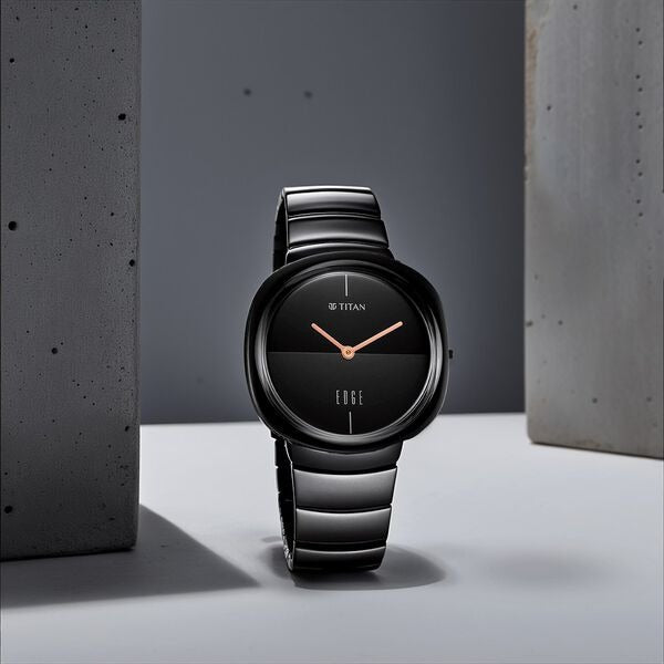 Titan Edge Ceramic Squircle 38mm Black Dial Sapphire Crystal Black Ceramic Strap Unisex Watch 1841NC01