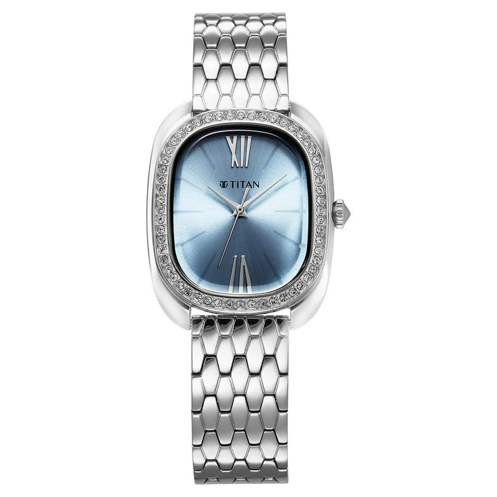 Titan Purple Glamour Blue Dial Silver Bracelet Women&