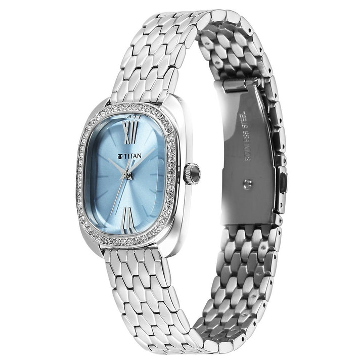 Titan Purple Glamour Blue Dial Silver Bracelet Women&