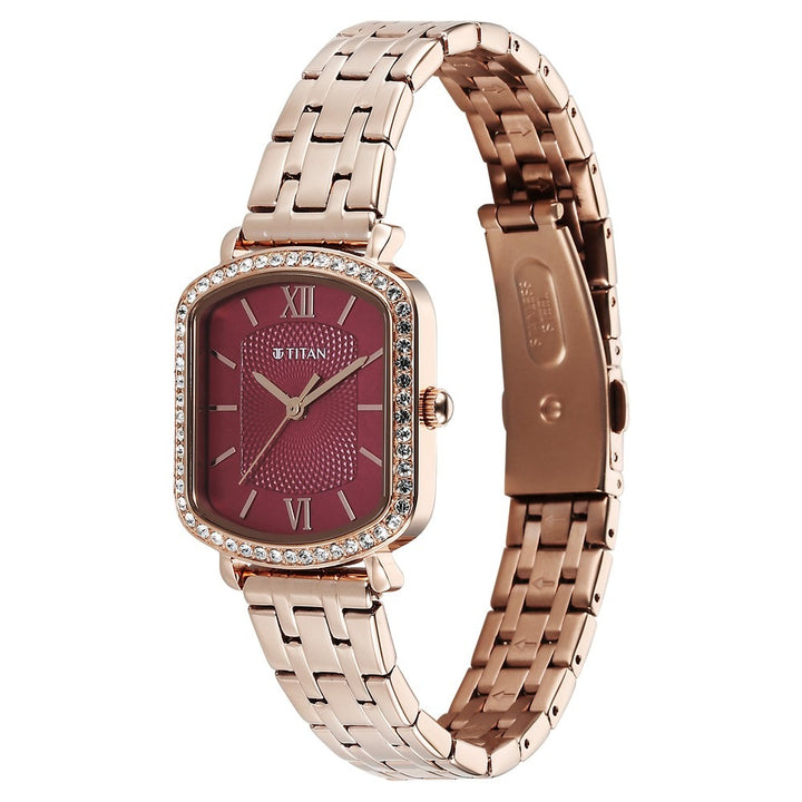 Titan Purple Metro Red Dial Rose Gold Crystal Women&