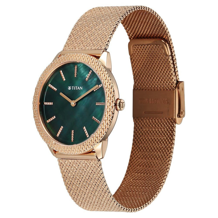 Titan Purple Oro Time Dark Green MOP Mesh Bracelet Women&