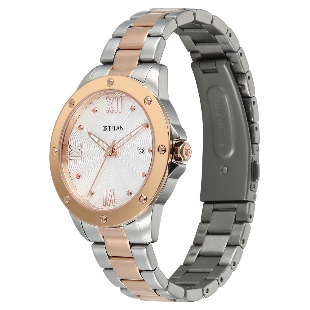 Titan Purple Oro Time White Dial Two-Tone Date Women&