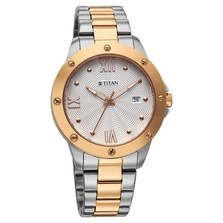 Titan Purple Oro Time White Dial Two-Tone Date Women&