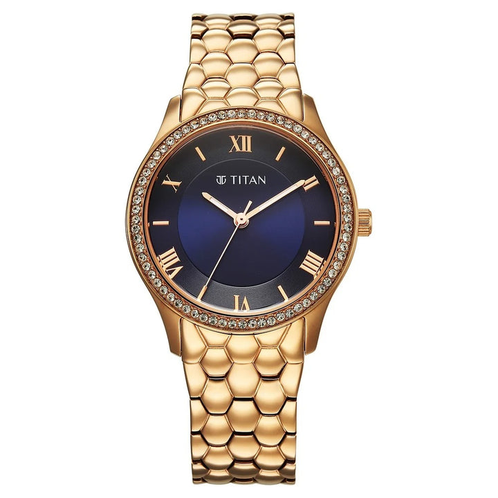 Titan Glamour Blue Dial Crystal Bezel Rose Gold Bracelet Women&