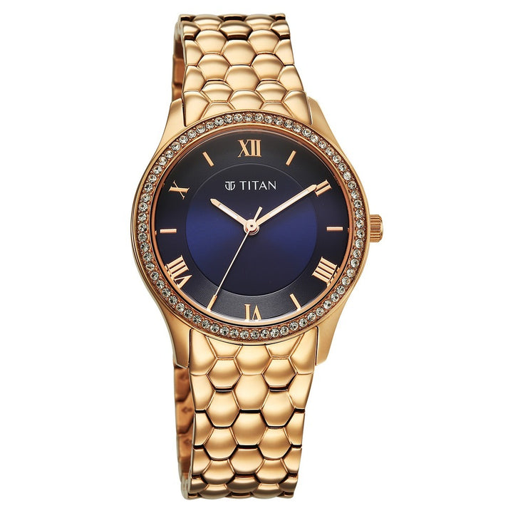Titan Glamour Blue Dial Crystal Bezel Rose Gold Bracelet Women&