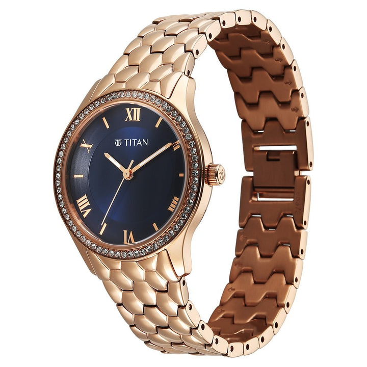 Titan Glamour Blue Dial Crystal Bezel Rose Gold Bracelet Women&