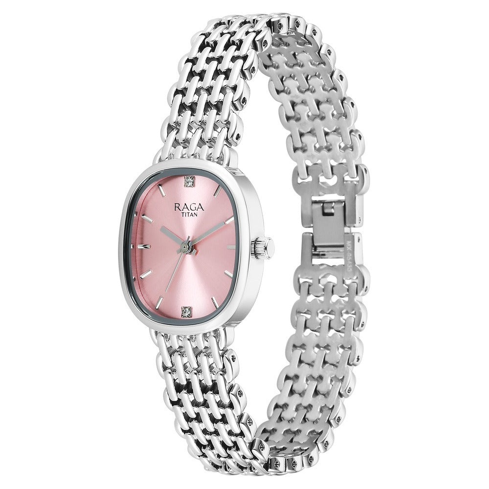 Titan Raga Spotlight Pink Dial Silver Bracelet Women&