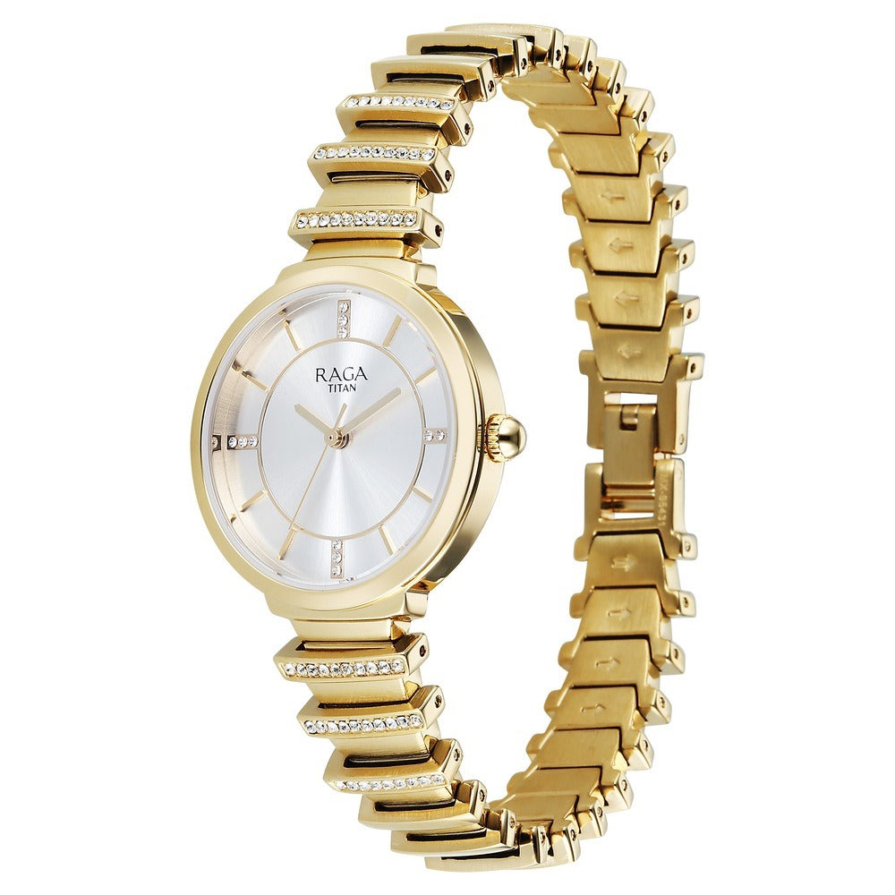 Titan Raga Spotlight Silver Dial Gold Bracelet Round Women&