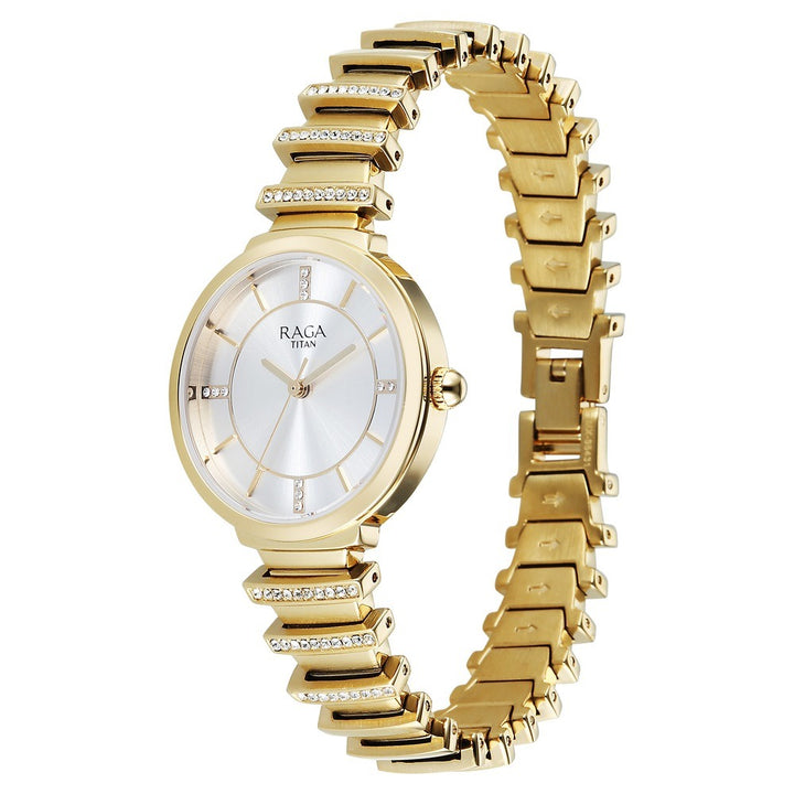 Titan Raga Spotlight Silver Dial Gold Bracelet Round Women&